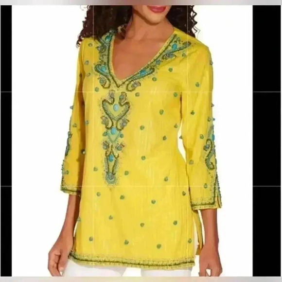 Boston Proper Women's Lightweight Turquoise Baubles Tunic top Yellow Size M - Picture 1 of 8